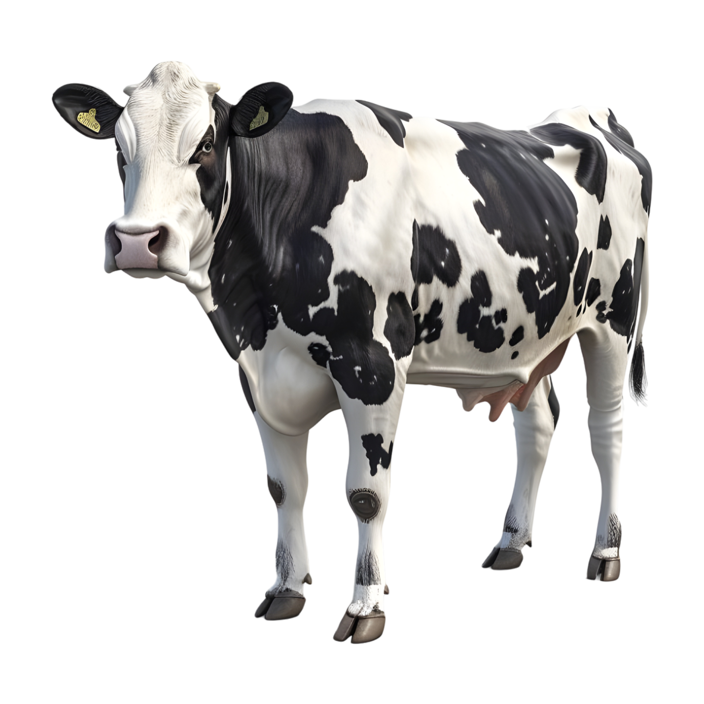 a black and white cow standing in front of a white background
