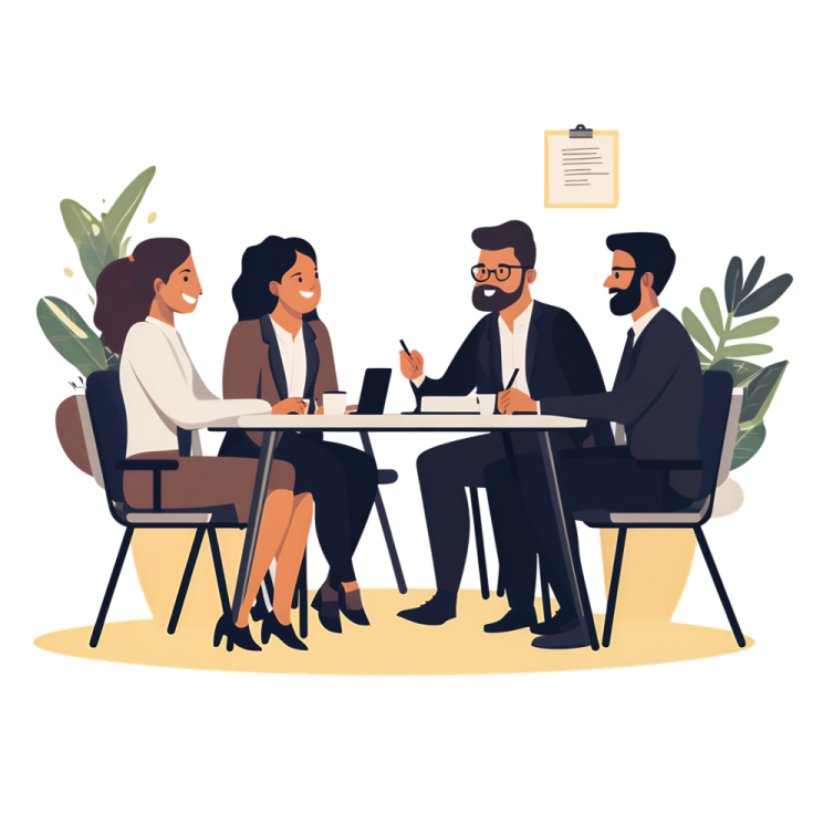 three people sitting at a table talking to each other people