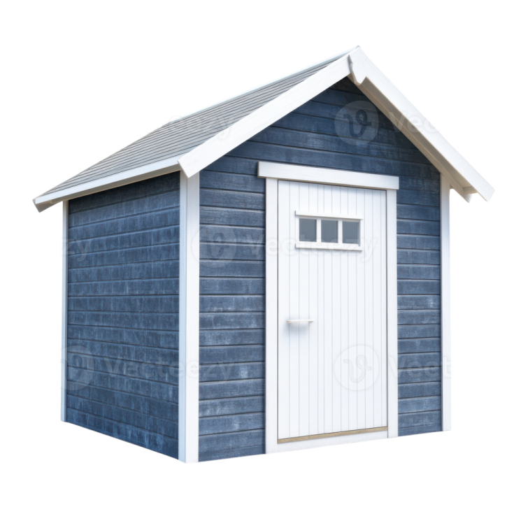 a blue shed with white trim and gray roof