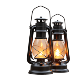 a pair of two black lanterns with orange lights