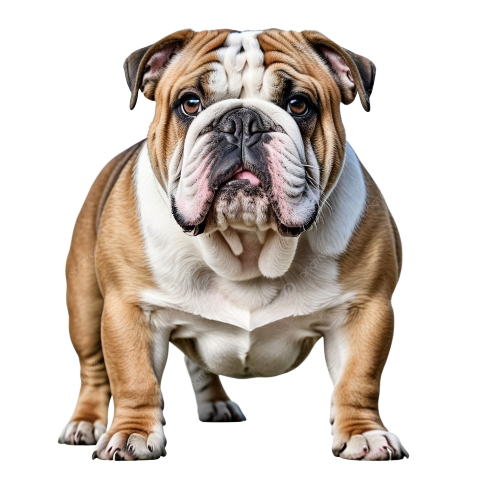 a brown and white dog standing on a white background