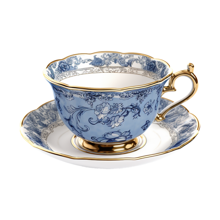 a blue and white tea cup and saucer