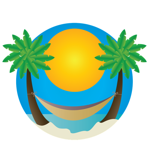 a beach with palm trees and an orange sun