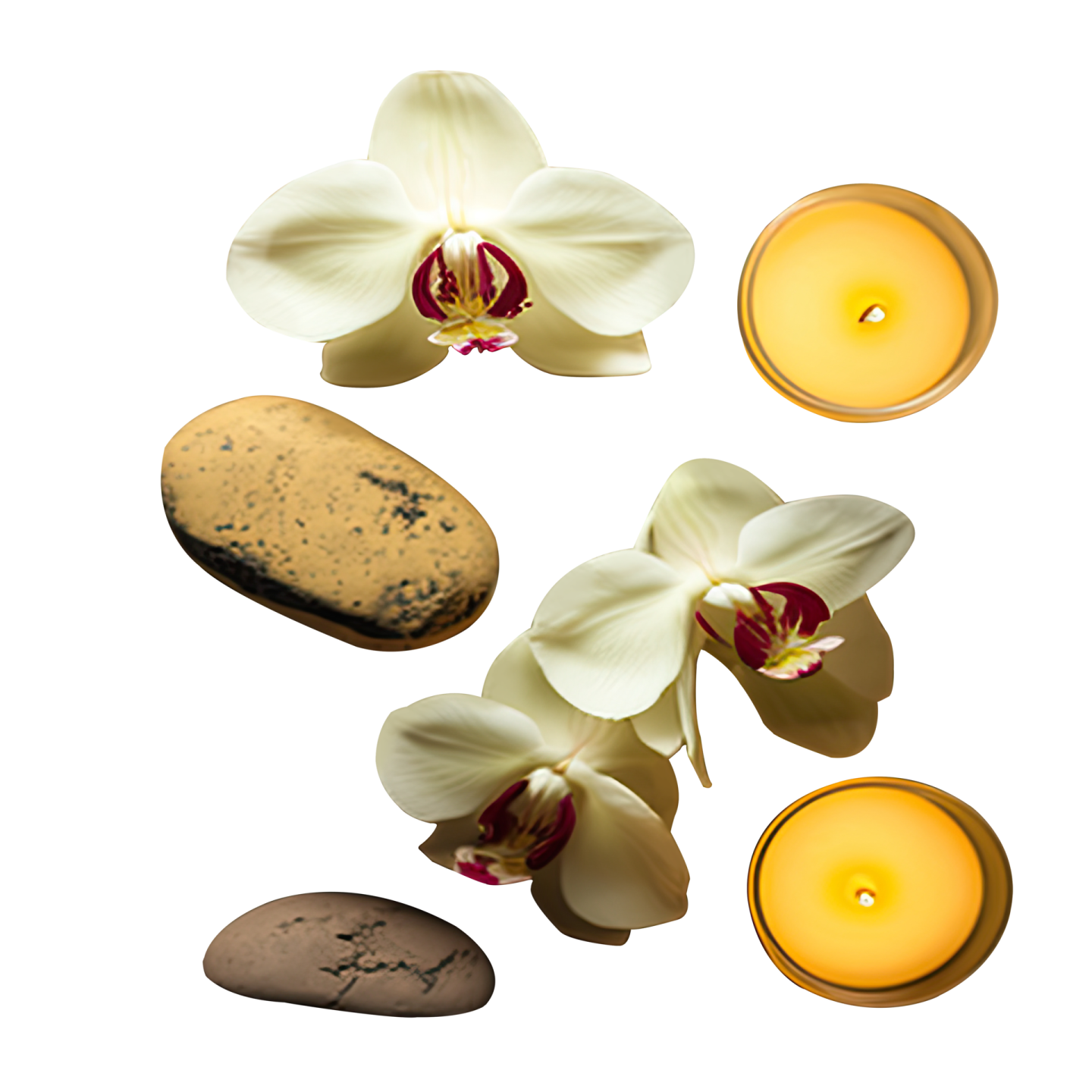 a candle and some rocks on a white background