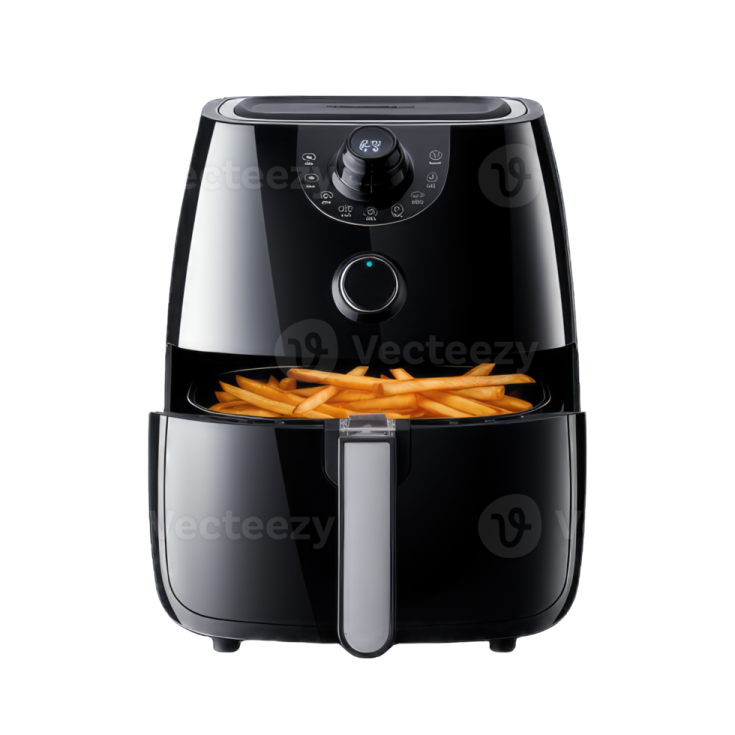 a black air fryer with fries in it