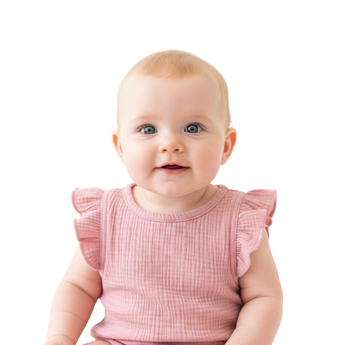 a baby sitting on the floor wearing a pink dress
