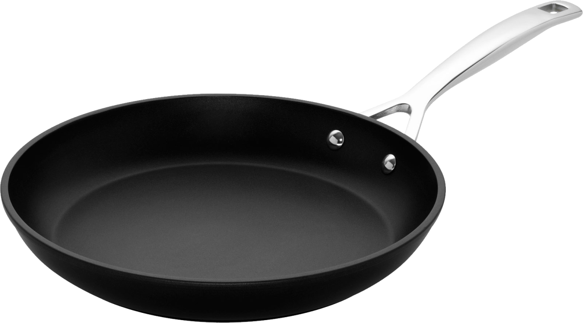 a black frying pan with a white handle