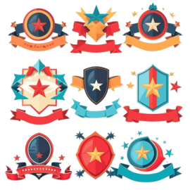 a set of badges and ribbons