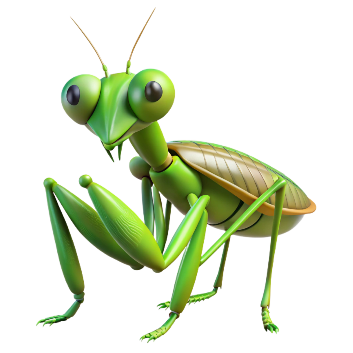 a green praying mantis on white background