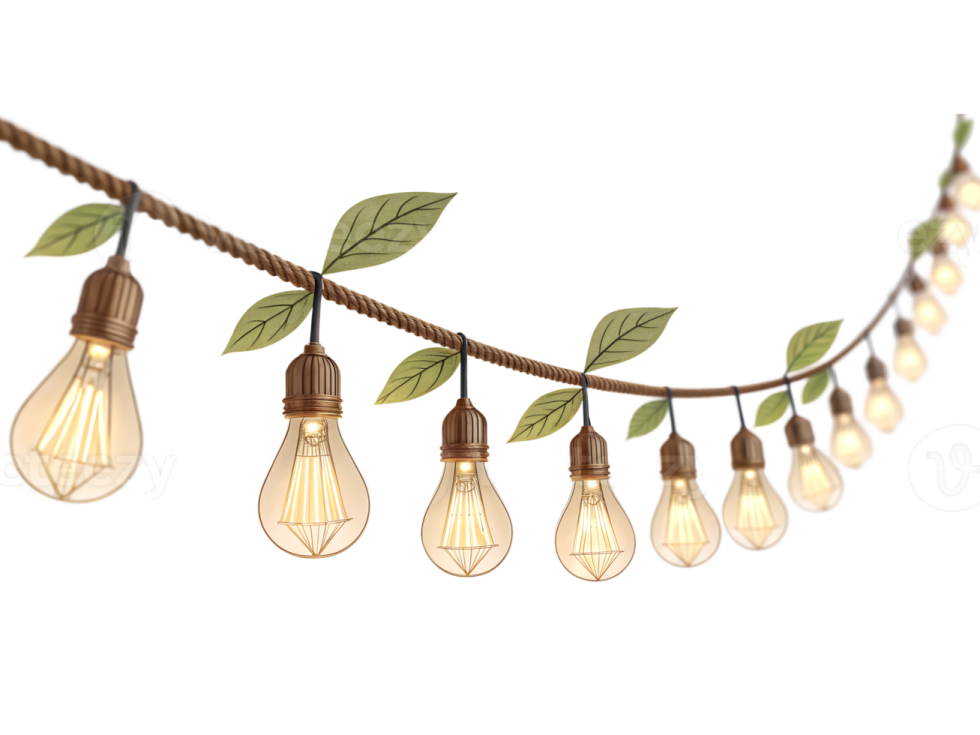 a string of light bulbs with leaves on them