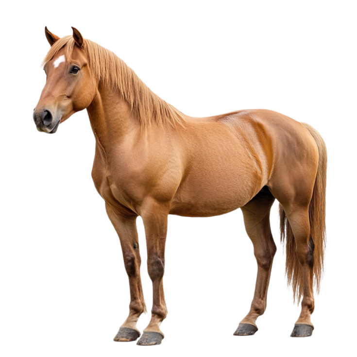a brown horse standing in front of a white background