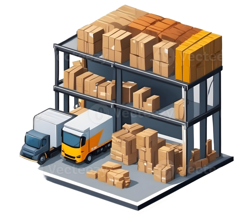 an illustration of a warehouse with boxes and trucks