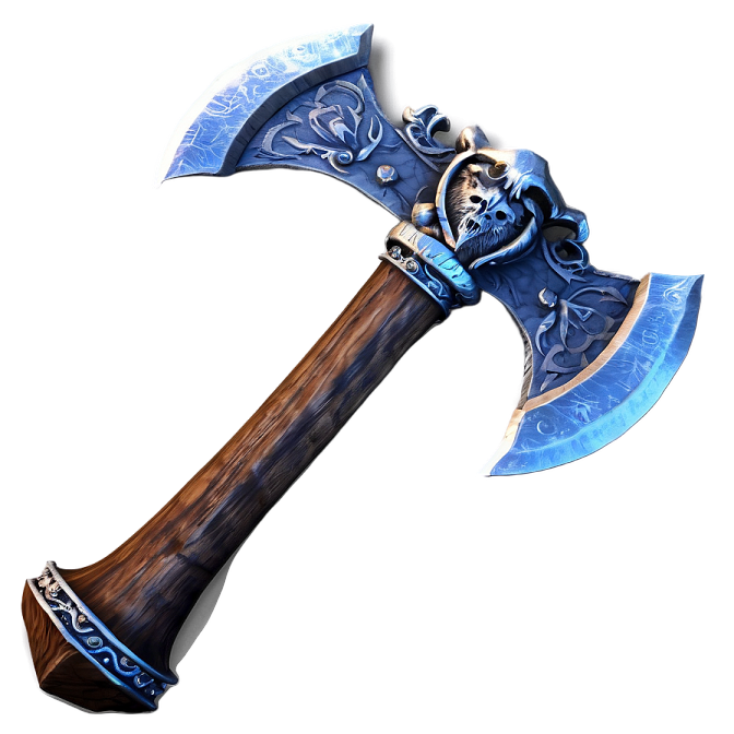 a blue and white axe with a wooden handle
