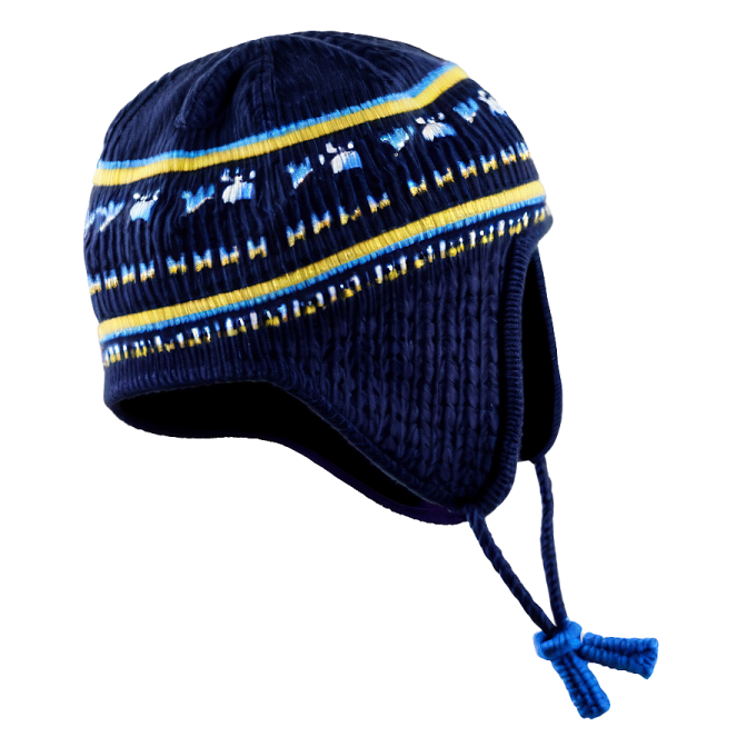 a knitted hat with blue and yellow stripes
