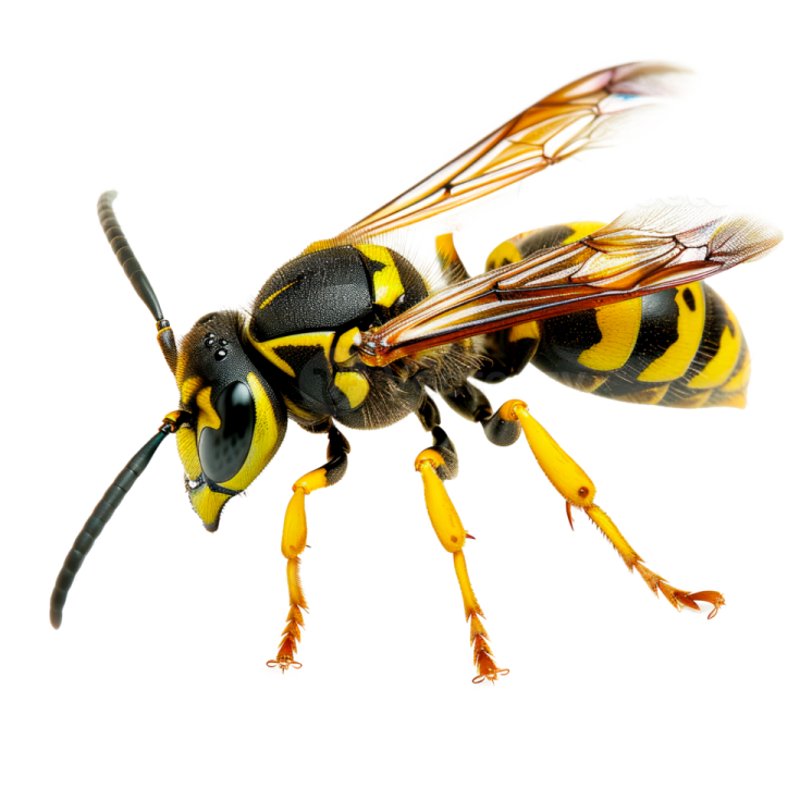 a close up of a bee on a white background