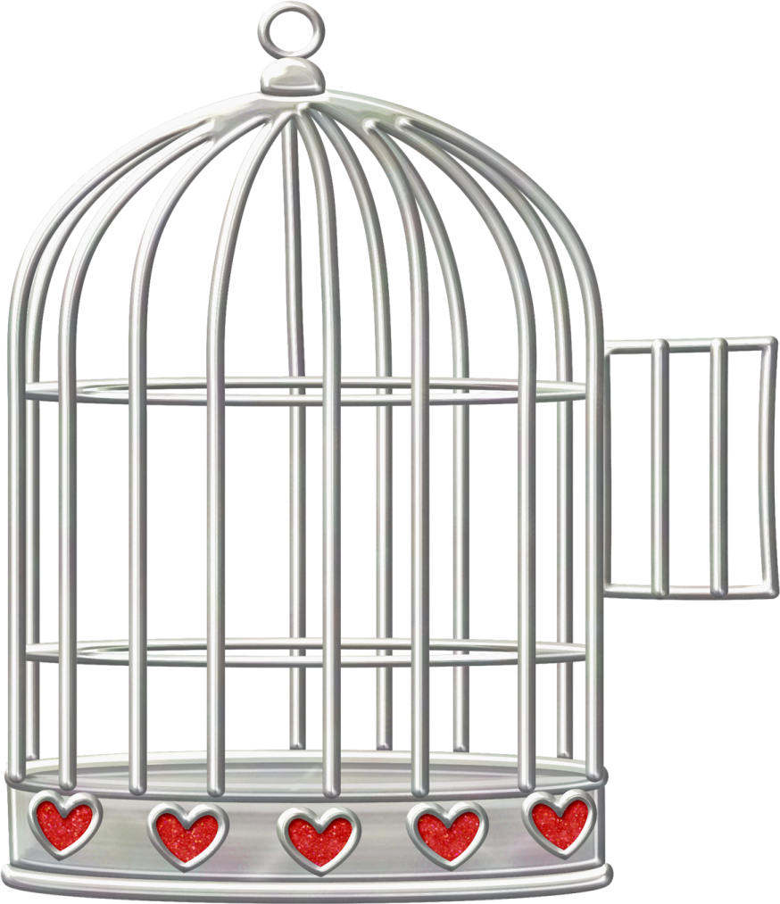 a bird in a cage with hearts on it