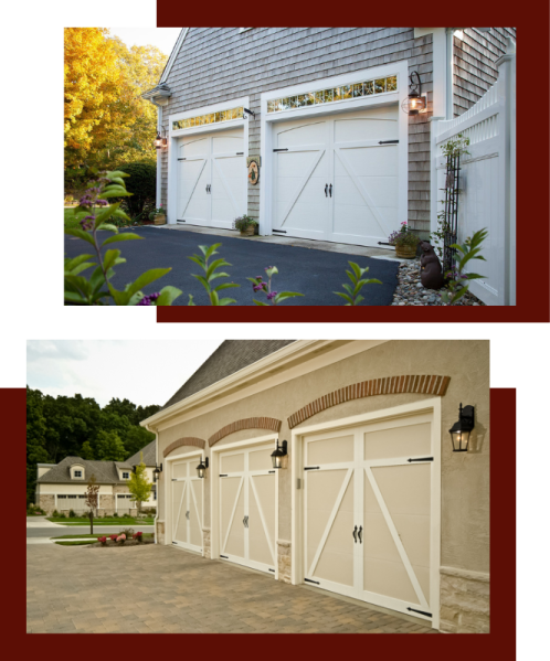 two pictures of a garage with the doors open