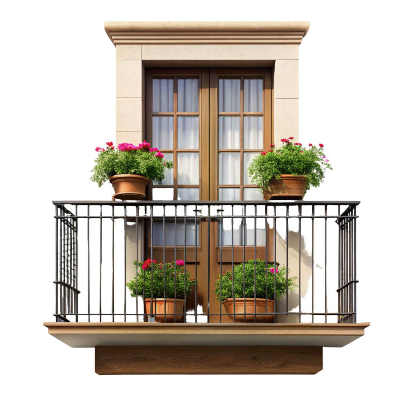 a balcony with pots of flowers on the balcony
