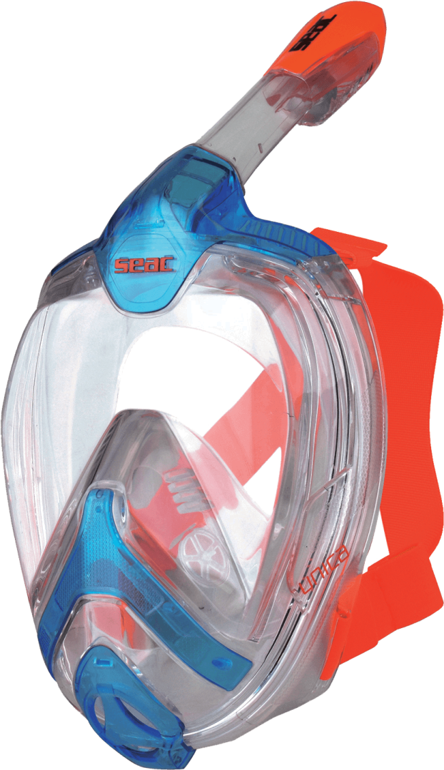 a close up of a diving mask on a white background