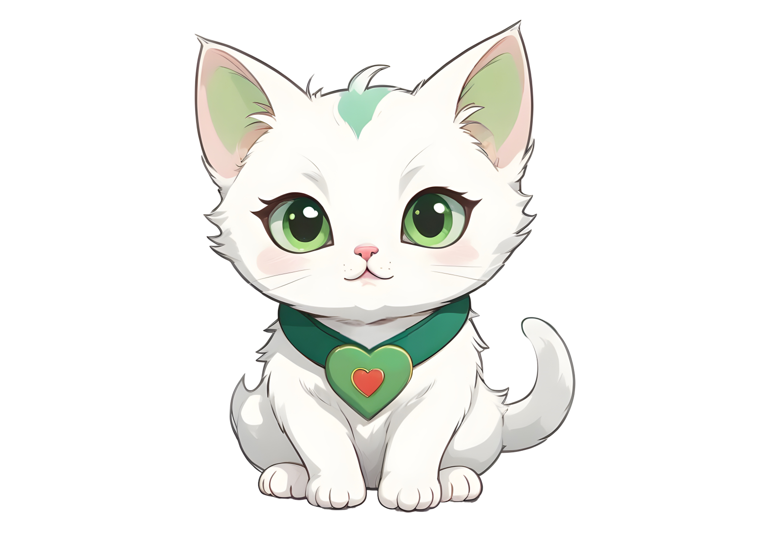 a white cat with green eyes and a green tie