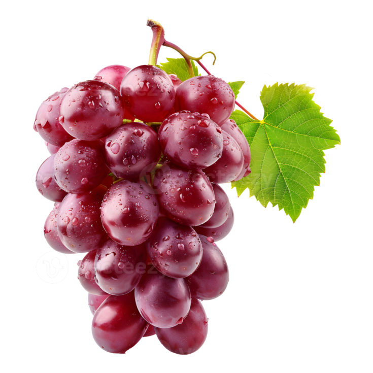 a bunch of red grapes with green leaves