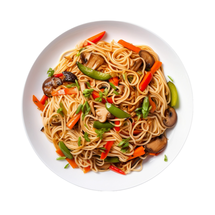 a plate of noodles with vegetables and mushrooms