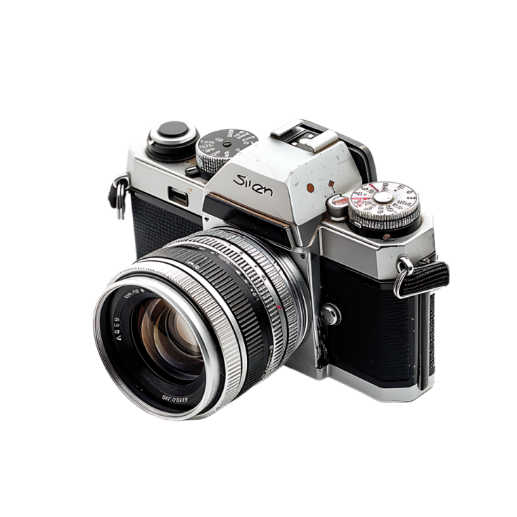a silver camera on a white background