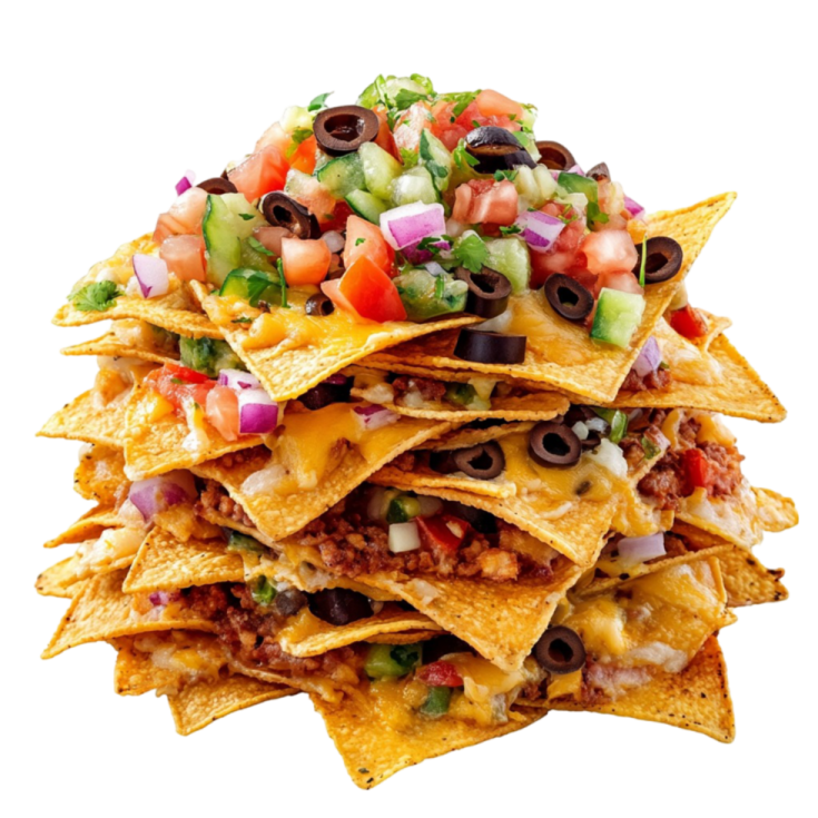 a stack of torta nachos topped with cheese, black beans and tomatoes