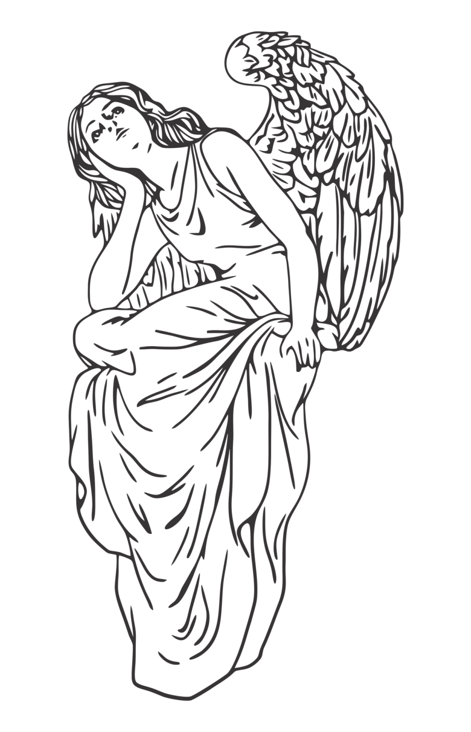 a black and white drawing of an angel