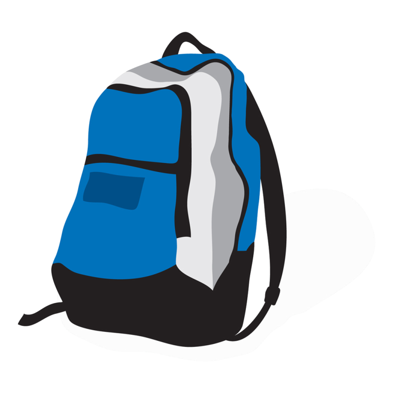 a blue and white backpack