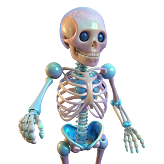 a cartoon skeleton with blue eyes and arms
