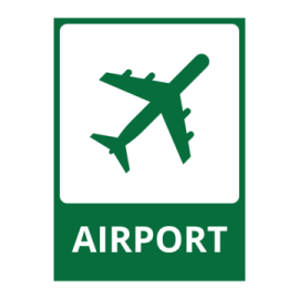 a green airport sign with an airplane on it
