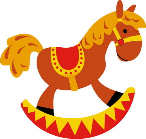 a rocking horse with red and yellow decorations
