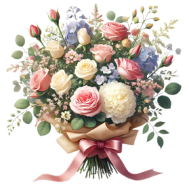 a bouquet of pink, white and blue flowers