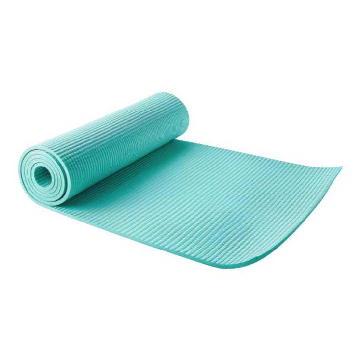 a blue yoga mat on a white background