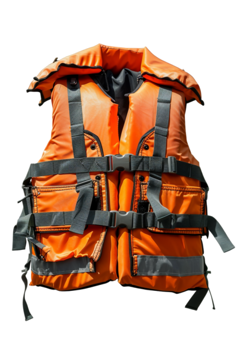 an orange life jacket on a white background