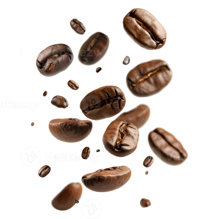 coffee beans falling on a white background