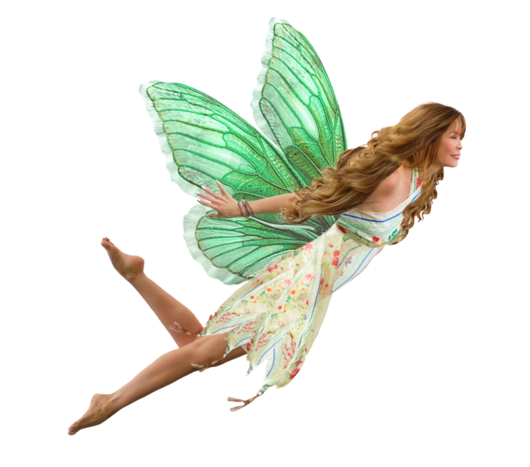 a woman dressed as a fairy flying through the air