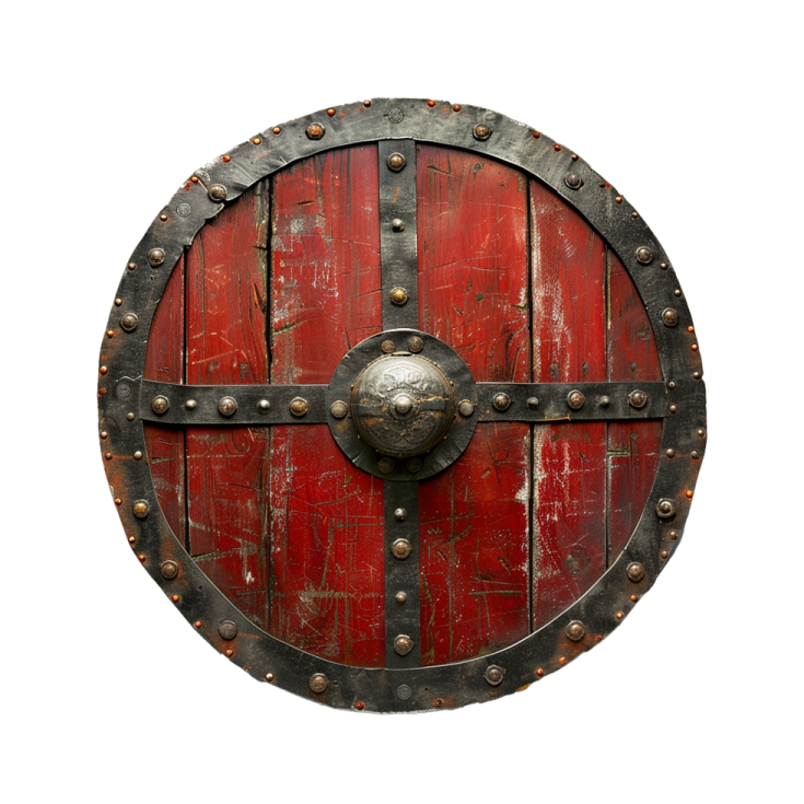 a close up of a red and black wooden shield