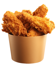 a paper cup filled with fried chicken