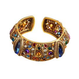 a gold cuff with multi colored stones