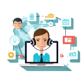 a person on a laptop with various icons around them