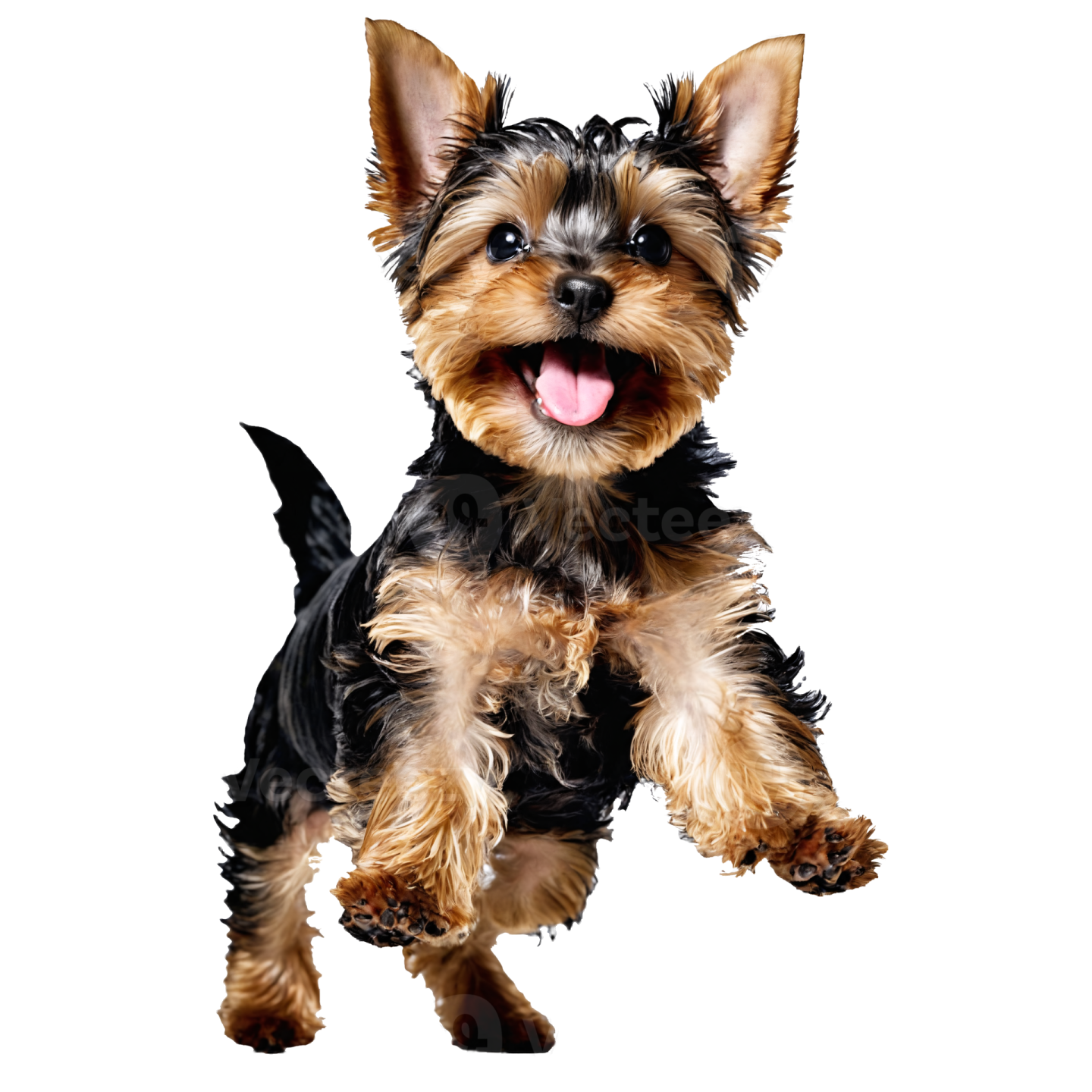 a small black and brown dog with its tongue out