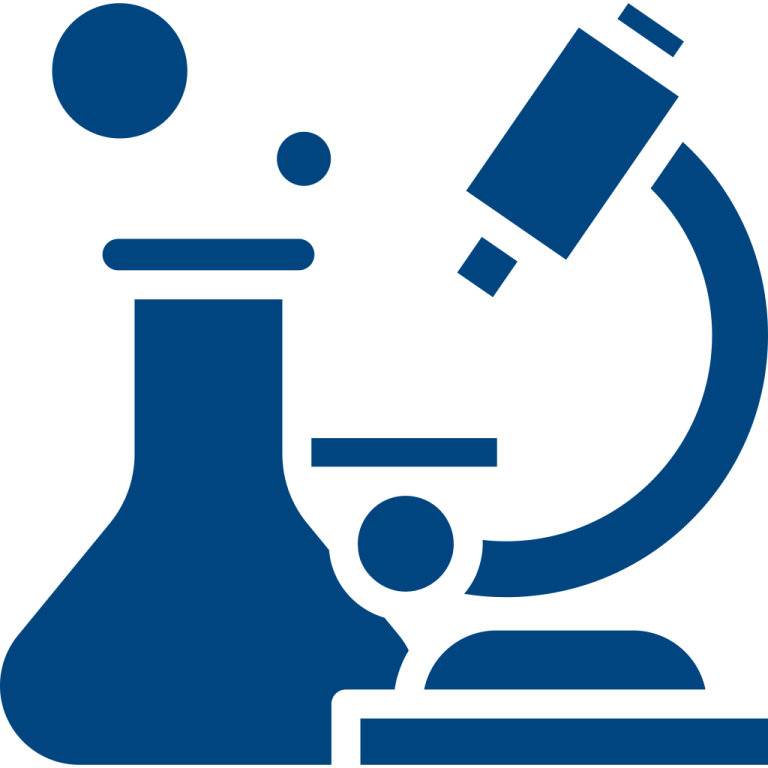 a blue and white icon of a microscope