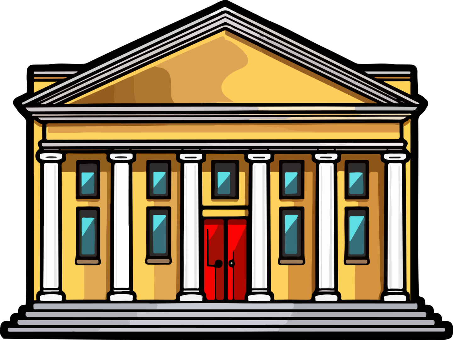 a building with columns and a red door