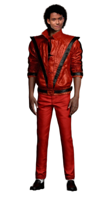 a man in a red leather jacket and black pants