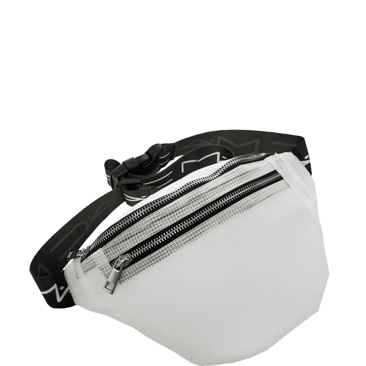 a white fanny bag with a zipper on it