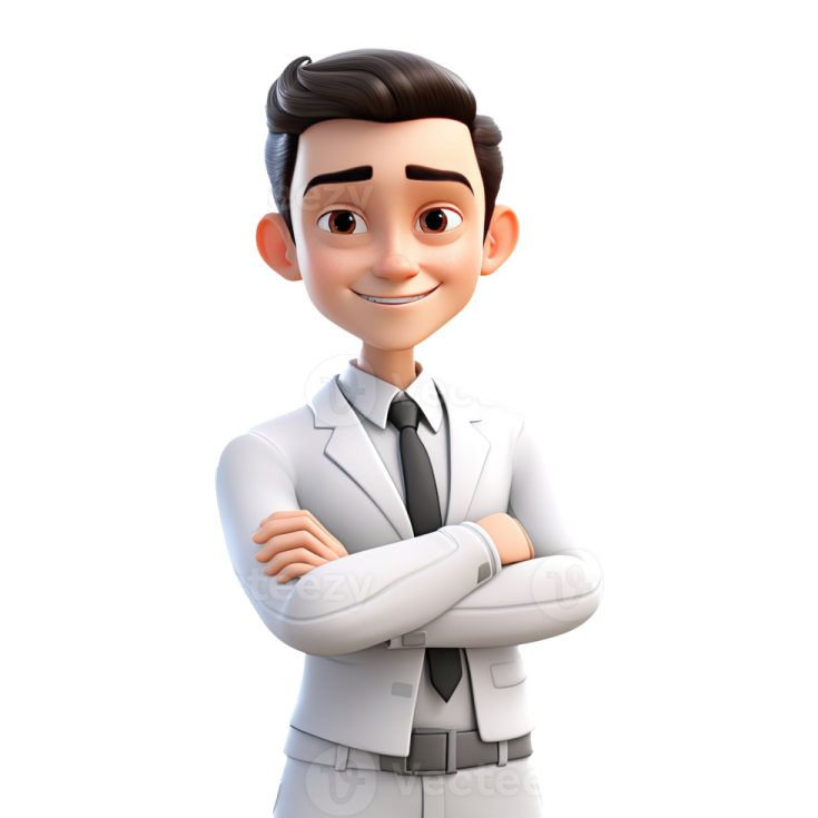 a 3d business man standing with his arms crossed