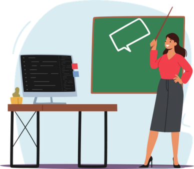 a woman standing in front of a blackboard
