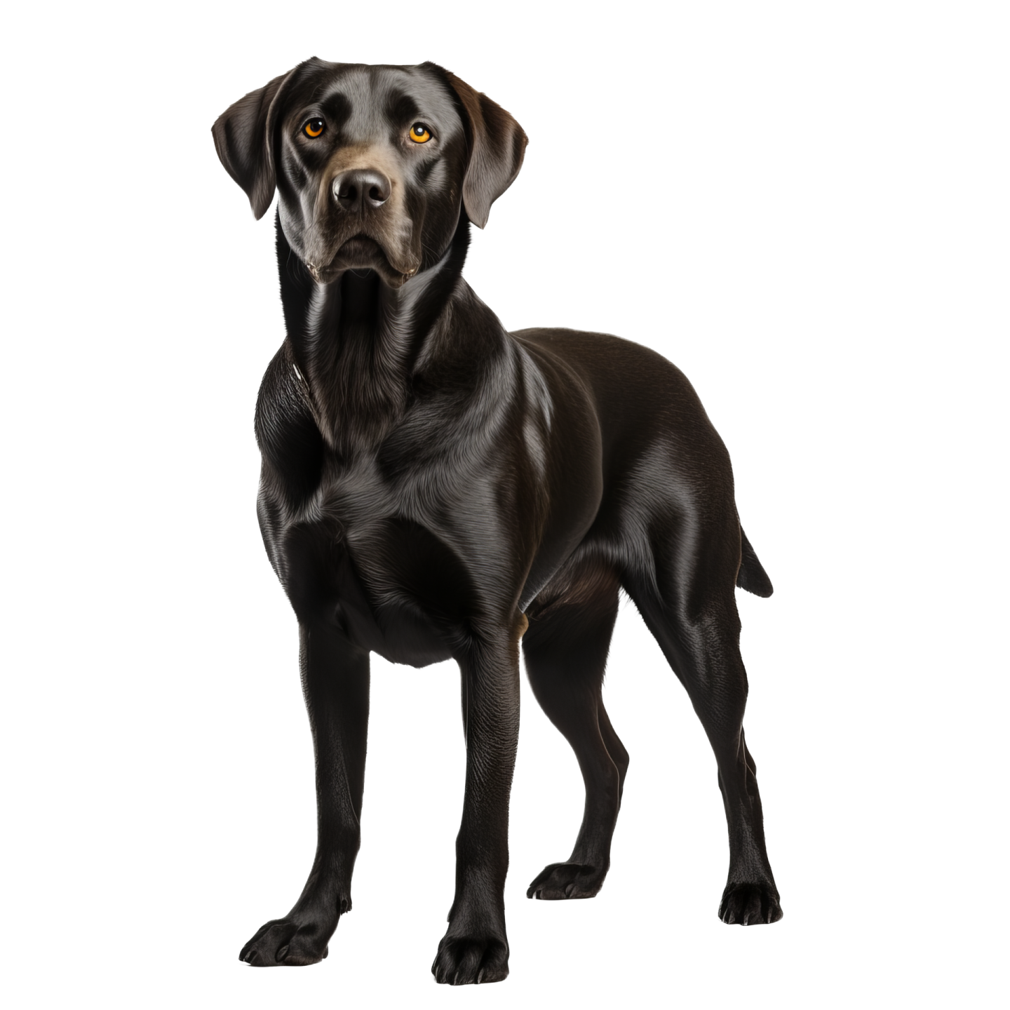 a black dog standing in front of a white background